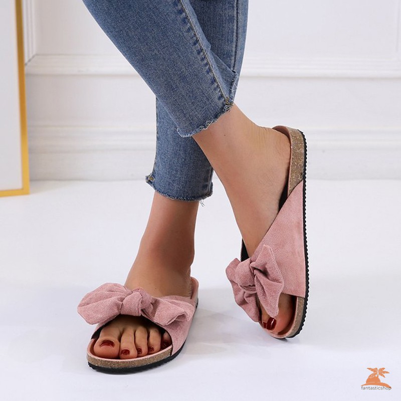 #dep Lê# Summer Women Fashion Bow Tie Flat Slipper Thick Bottom Sandals Home Beach Shoes