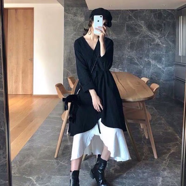 {order bigsize,M-4Xl}Váy dài tay 2 mảnh phối trắng đen hot trend | BigBuy360 - bigbuy360.vn