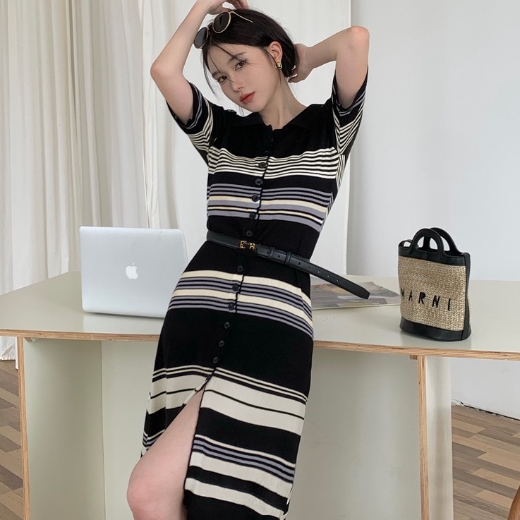 Đầm ZHELIHANGFEI dệt kim cổ polo dáng ôm họa tiết kẻ sọc ngang thời trang sang trọng dành cho nữ