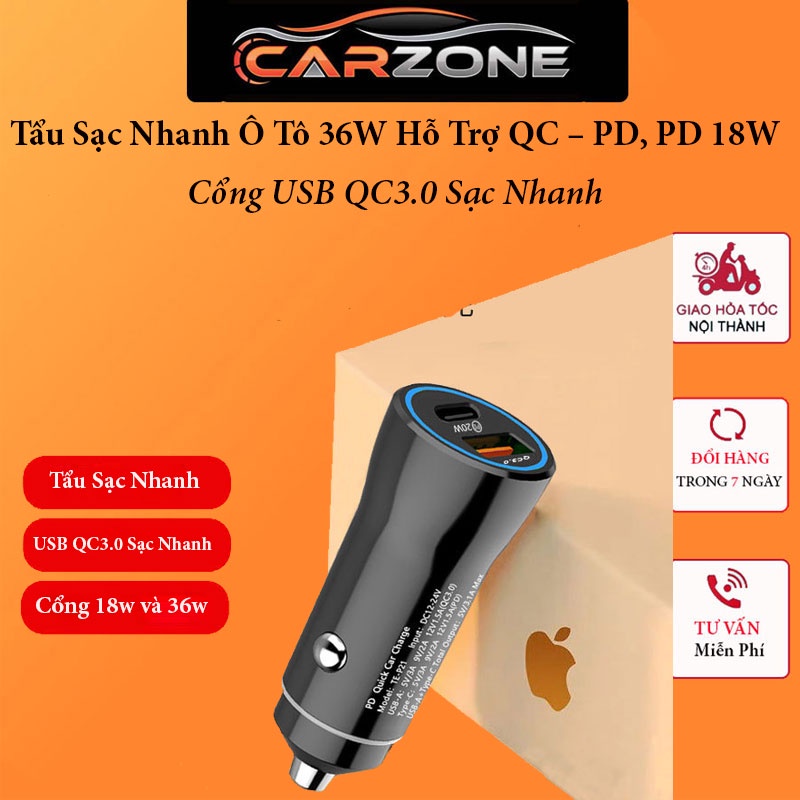 Tẩu Sạc Nhanh Ô Tô Hỗ Trợ QC – PD, PD 18W -36W Và Cổng USB QC3.0 Sạc Nhanh CARZONE.TOP