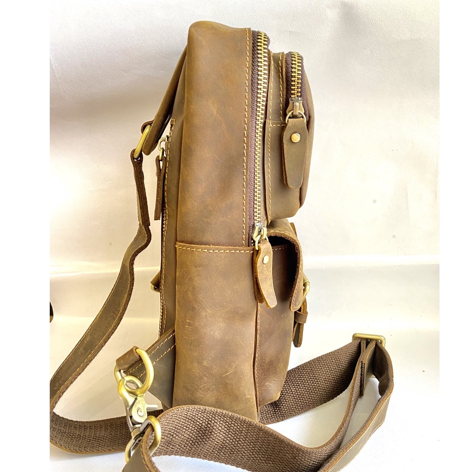 Túi đeo chéo trước ngực , Túi nam da thật 100% da bò sáp Handmade khâu tay thủ công BH 3 năm