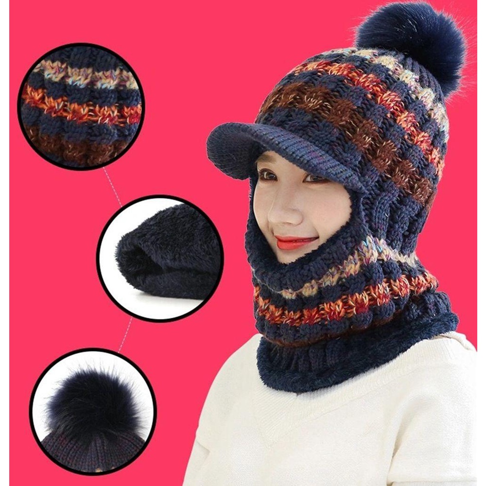Mũ Len Che Tai Giữ Ấm Đính Quả Bông Balaclava Pom Poms Dành Cho Nữ