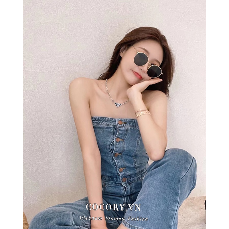 Cocory vn Áo liền quần ống rộng chất liệu denim thời trang mùa hè quyến rũ cho nữ