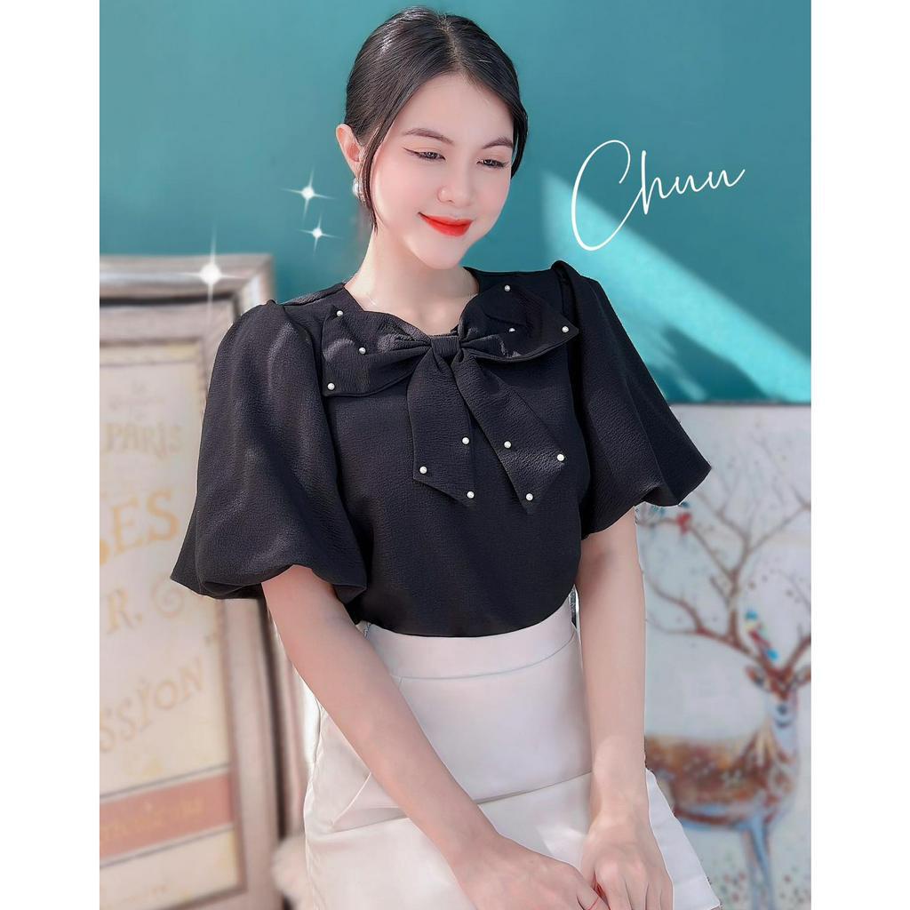 Áo sơ mi xốp công sở nữ tay phồng đính nơ tơ đính ngọc CHUU A9317