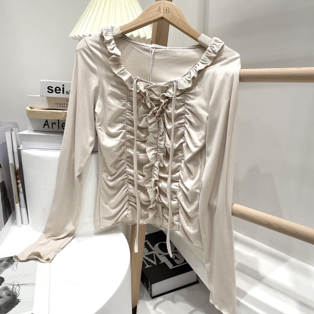 Áo Nhún Bèo Dây Rút Tay Dài LSEOUL A2364 Nhiều Màu Ngọt Ngào Nữ Tính