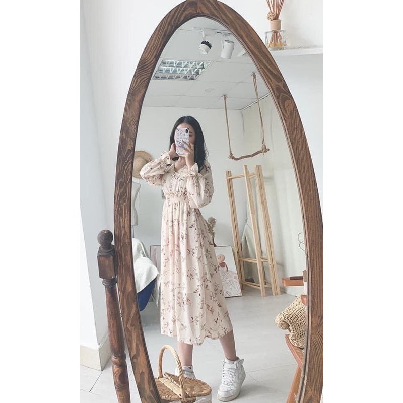 Đầm ulzzang hoa cổ viền nút nhún eo chất voan tơ mềm mịn 2 lớp tay dài