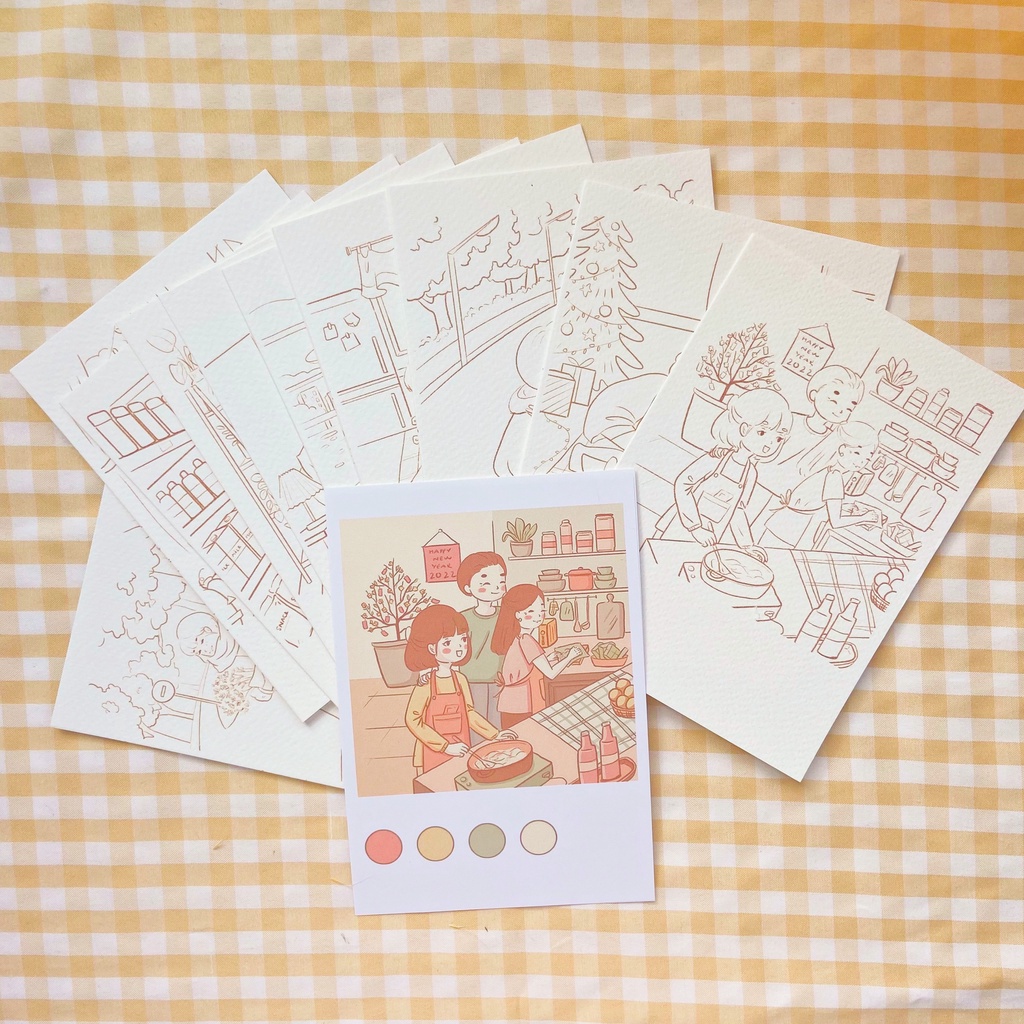 Line Art - Tranh Tô Màu Vẽ Sẵn Self Art - Peacful 12 Months - Họa Sĩ  Convecho - Postcard Tô Màu A6/A5