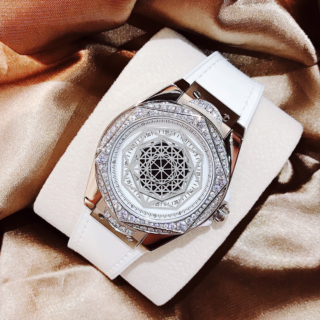 Đồng Hồ Huboler Hanboro Nữ Dây Silicon Bọc Da Trắng Silver 38mm Authentic