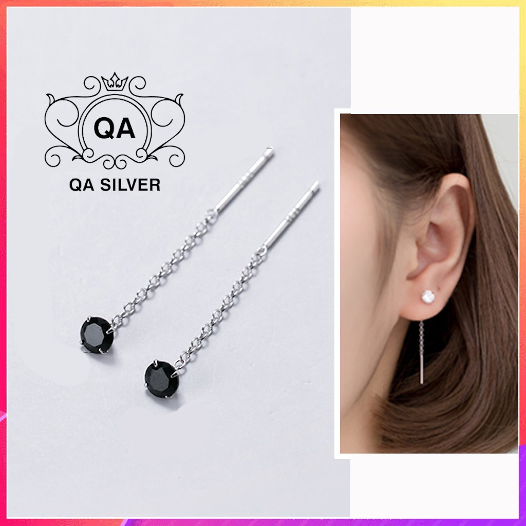 Khuyên tai bạc dài nụ đá 4 chấu bông tai sợi mảnh đen trắng S925 CHAIN Silver Earrings QA SILVER EA200701