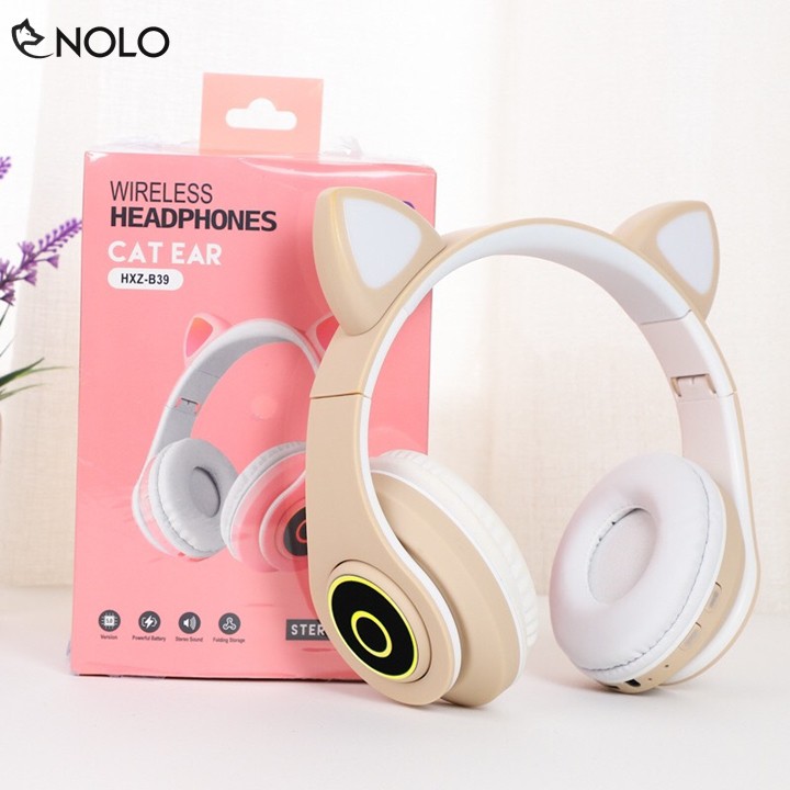 Tai Nghe Headphone Bluetooth V5.0 Model B39 Kiểu Dáng Tai Mèo Có Đèn Led Hỗ Trợ Nghe Qua Dây Cắm AUX