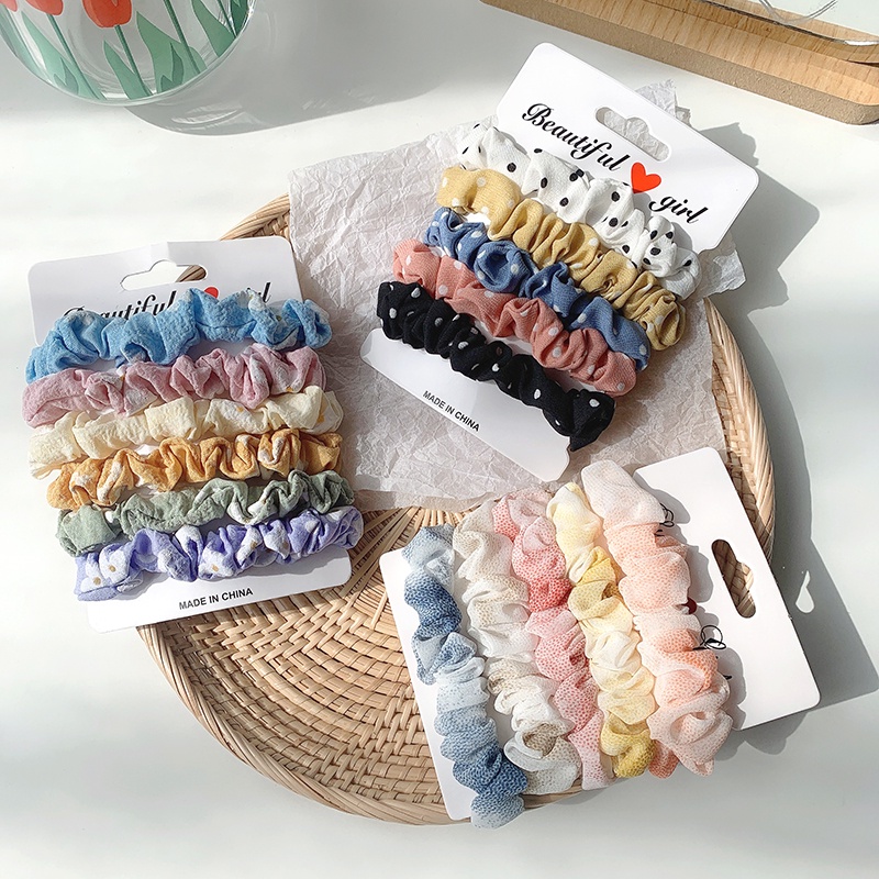 Bộ 6 Dây Buộc Tóc Vải Nhung Lụa Chiffon Mềm Co Giãn Tốt#Bộ 5 Món 6 (5 Món)