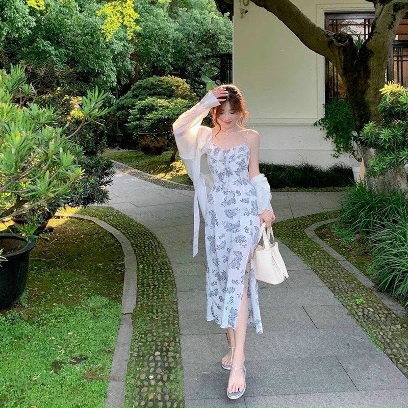 Đầm thời trang nữ mặc đi chơi chất lụa hoa 2 dây maxi dài kèm áo khoác voan