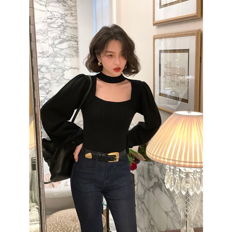 QKOOLE  Áo dệt kim cổ vuông màu đỏ/ đen phong cách Hàn Quốc thời trang cá tính cho nữ