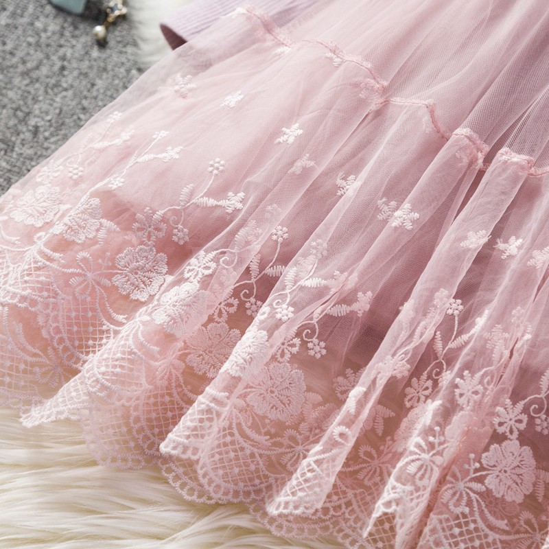 Đầm NNJXD dự tiệc tay áo dài phối ren hoa phong cách mùa thu cho bé gái