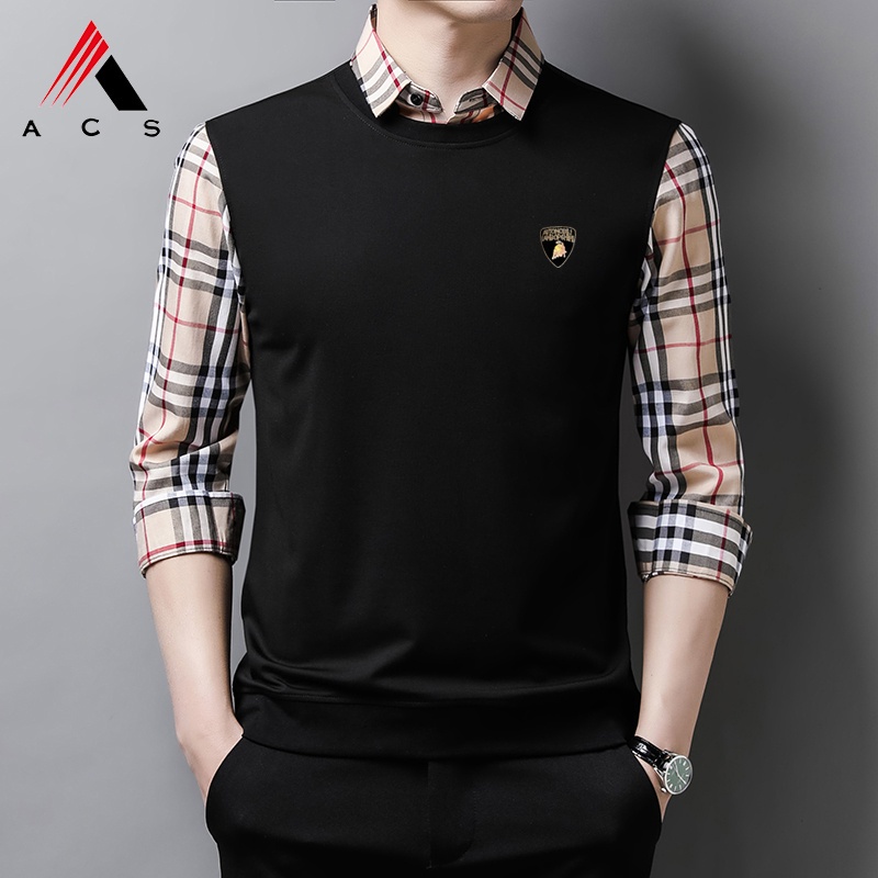 Áo sơ mi giả hai mảnh cổ tròn tay dài kẻ sọc caro thời trang công sở cho nam 3 màu tùy chọn