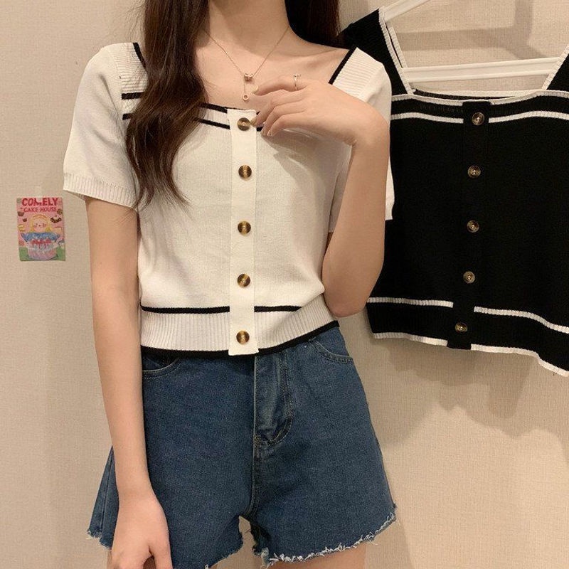 Áo Thun Ngắn Tay Cổ Vuông Phong Cách Phương Tây Thời Trang Mùa Hè Mới Cho Nữ