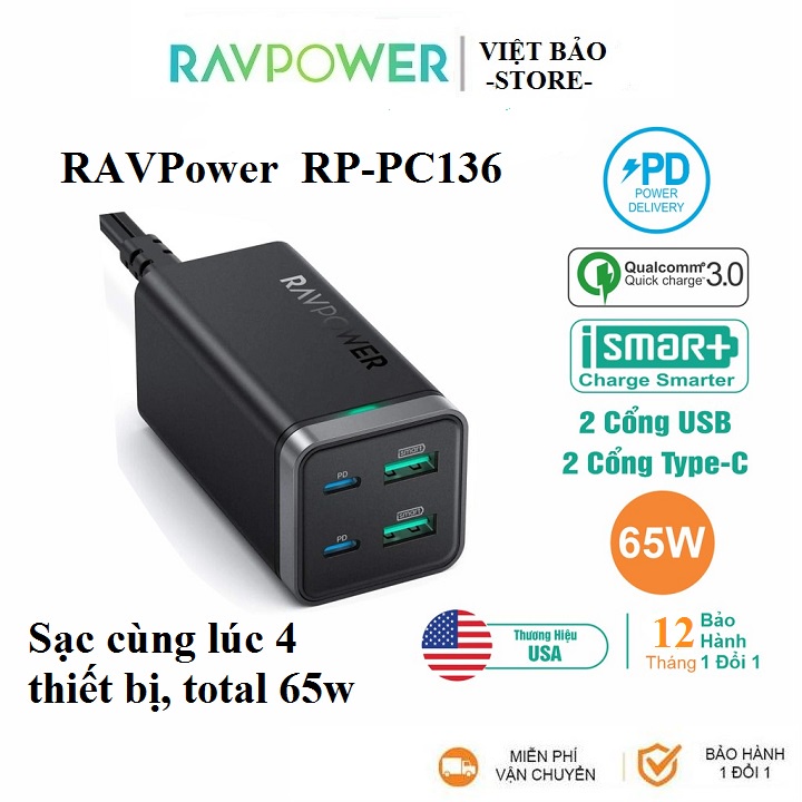 Củ Sạc 4 cổng 65W RAVPower  RP-PC136 - GaN tech (dual type-C) Bảo hành 12 tháng