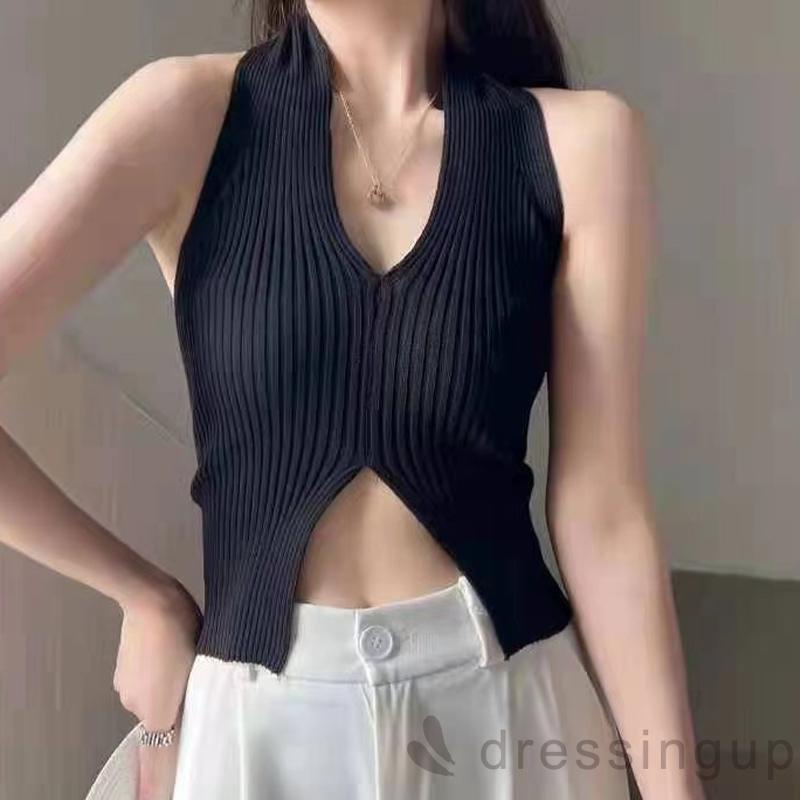 Áo Croptop Sát Nách Cổ Chữ V Hở Lưng Xẻ Tà Dáng Ôm Thời Trang Cho Nữ
