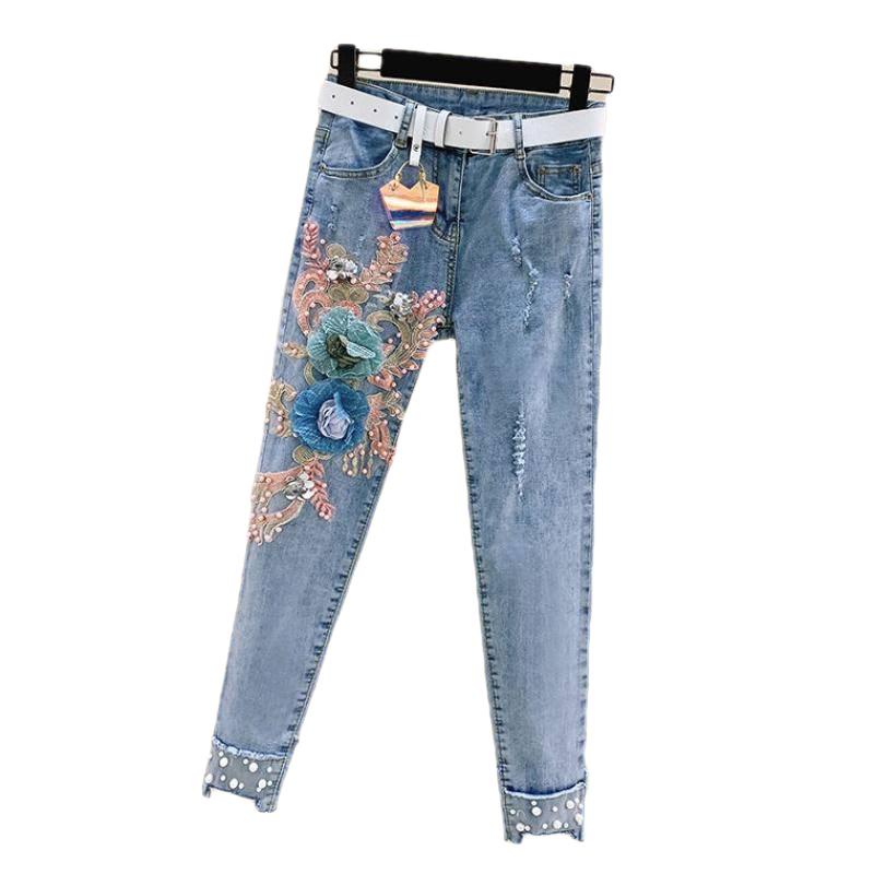 Set Áo Thun Ngắn Tay Thêu Họa Tiết Và Quần Jeans Rách Thời Trang Nữ