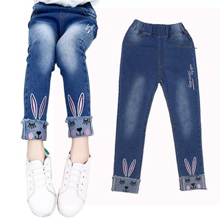Quần jeans dài đến mắt cá chân thêu hình thỏ dễ thương cho bé gái