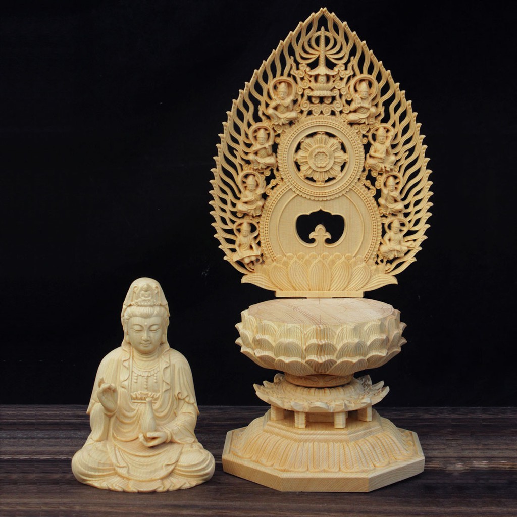 Tượng gỗ Quán Thế Âm có chân đế cao 28cm - Gỗ Hoàng Dương