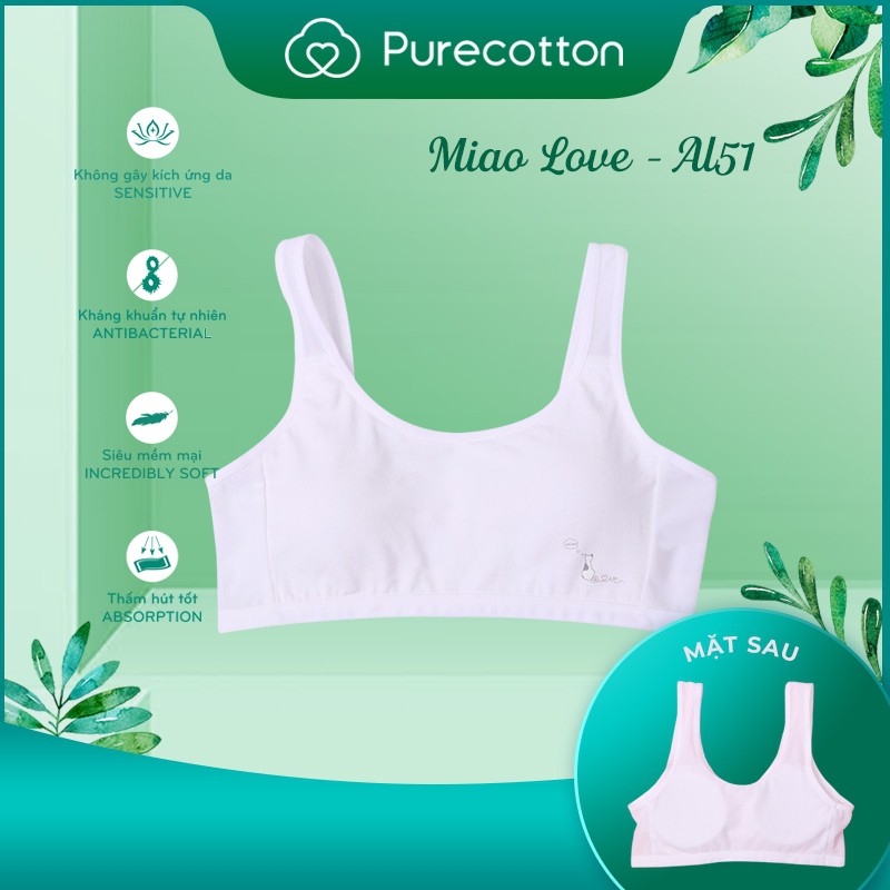 Áo lót học sinh Purecotton cho bé gái mới lớn chất liệu cotton cao cấp kiểu dáng chui đầu có đệm mỏng PC008