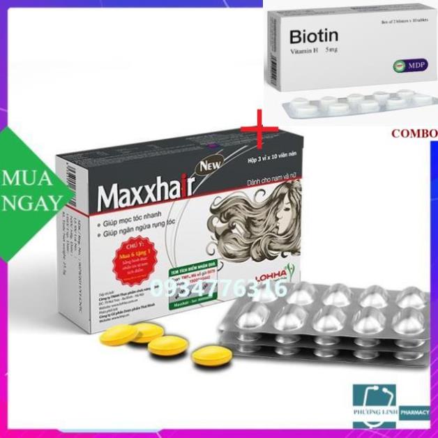 Combo Biotin 5mg+ MAXXHAIR - Viên uống mọc tóc, giảm rụng tóc, biotin