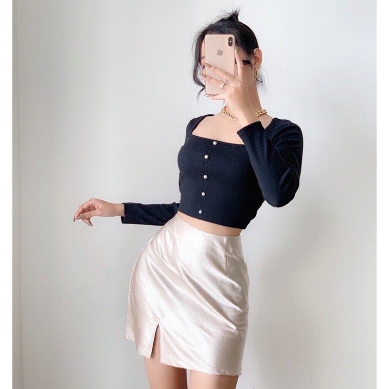 Áo Thun Tay Dài Cổ Vuông Đính Ngọc A3