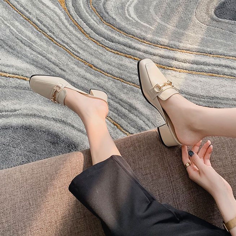 Dép cao gót nữ mũi nhọn hở gót phối dây cao 4.5cm Màu Be