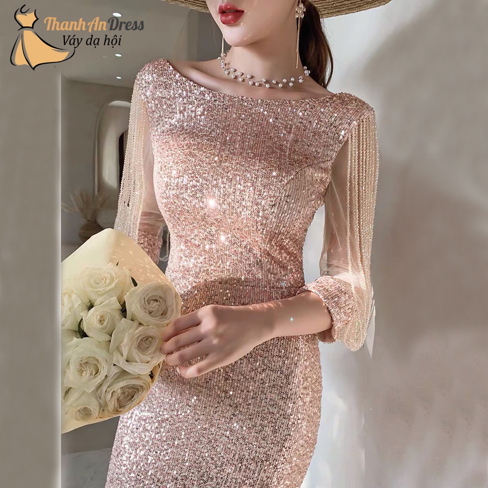 Đầm Dạ Hội Đuôi Cá Tay Lưới Đính Đá Sang Trọng Lịch Sự