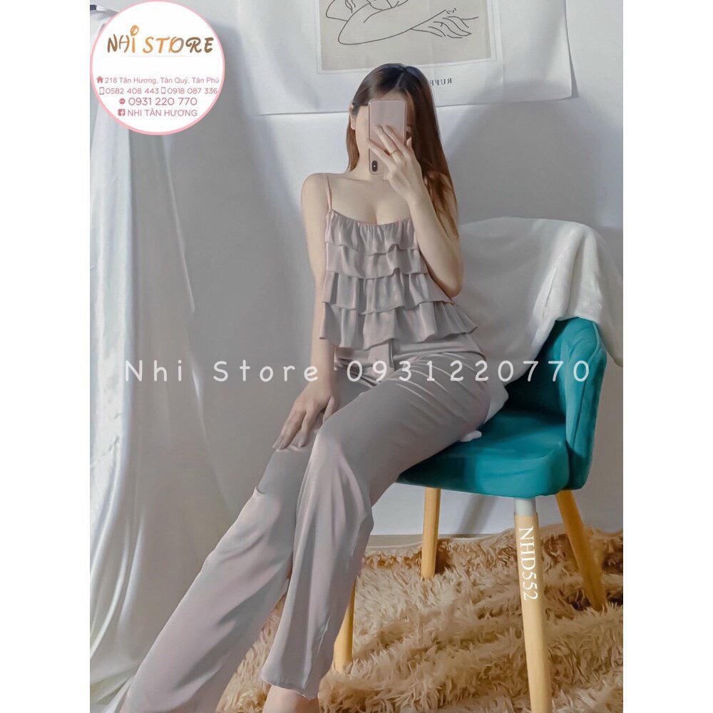 (Freeship 50k) Đồ Bộ Lụa -Bộ Lụa Áo 2 Dây Bèo 4 Tầng  Quần Dài Ống Rộng Freesize Dưới 57kg
