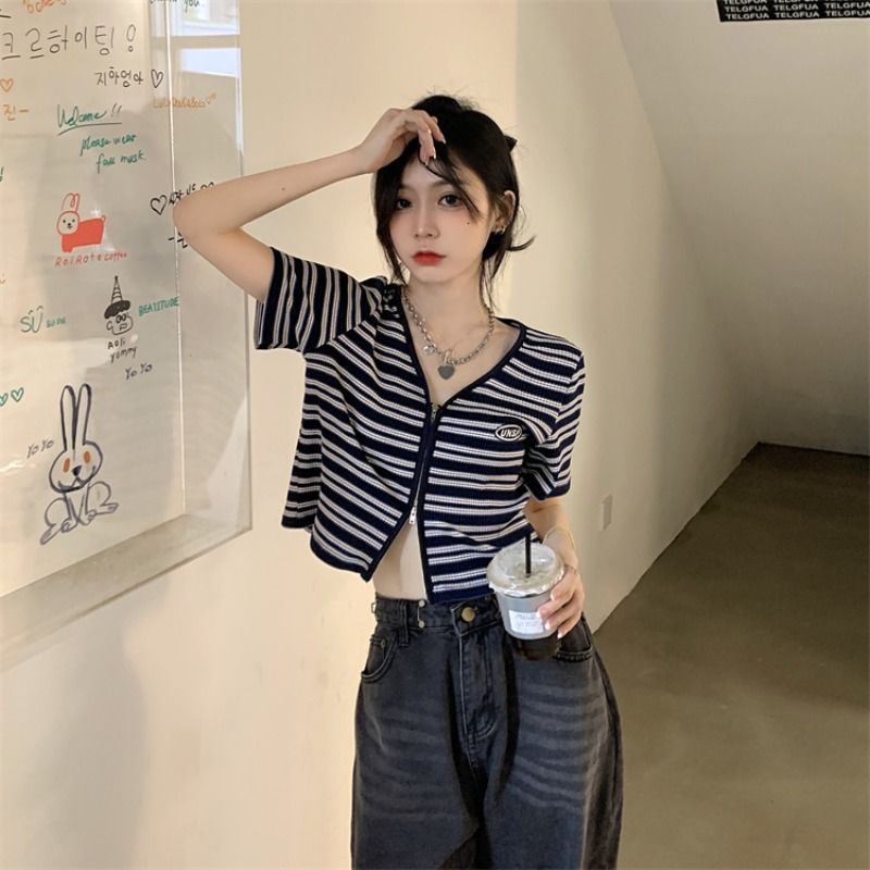 Áo Cardigan ngắn tay kẻ sọc phối dây xích thời trang mùa hè cho bé gái