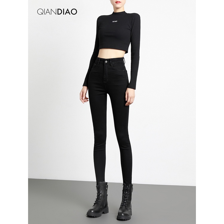 Quần jeans nữ, quần jeans lưng cao dáng ôm co dãn màu đen size S M L BASIC SKUQ-33 | BigBuy360 - bigbuy360.vn