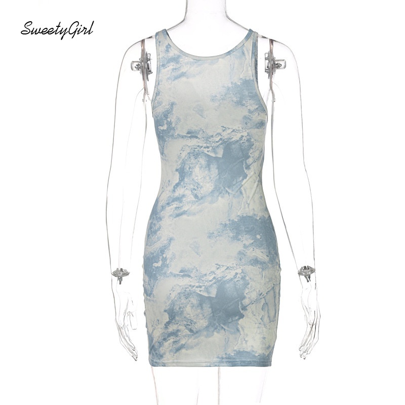 Đầm mini không tay cổ chữ V ôm dáng in họa tiết nhiều màu sắc thời trang cho nữ