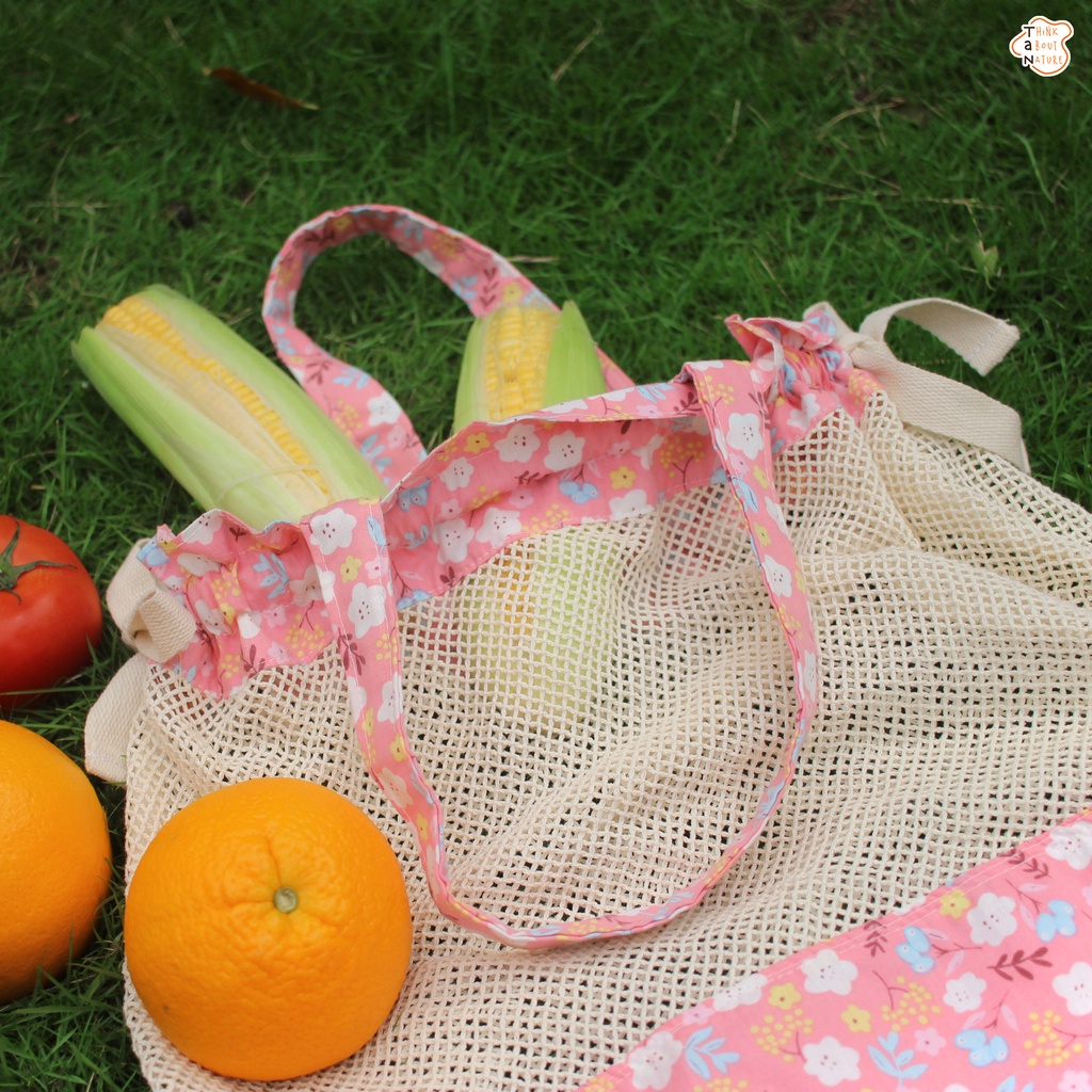 Túi vải đi chợ hoạ tiết hoa lá hồng/ Túi lưới cotton bảo vệ môi trường/ TaNcupholder