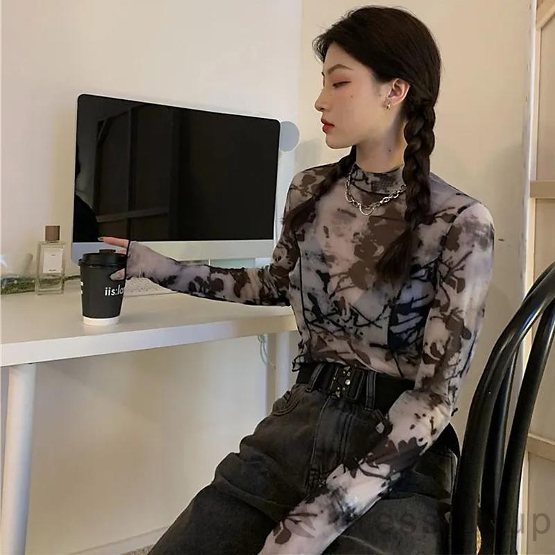 Áo Thun Lưới Tay Dài Cổ Tròn In Họa Tiết Trừu Tượng Dành Cho Nữ