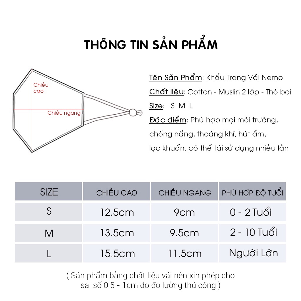 Khẩu Trang 4D vải họa tiết, lọc bụi khuẩn, chống nắng, thoáng mát không gây mụn Nemo Handmade - KTCT