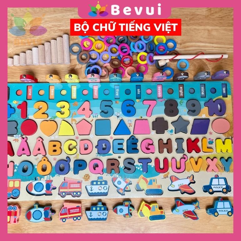 Đồ chơi câu cá gỗ và ghép hình khối, chữ số, chữ cái tiếng Việt - tiếng Anh, phương tiện giao thông 138 chi tiết – Bevui