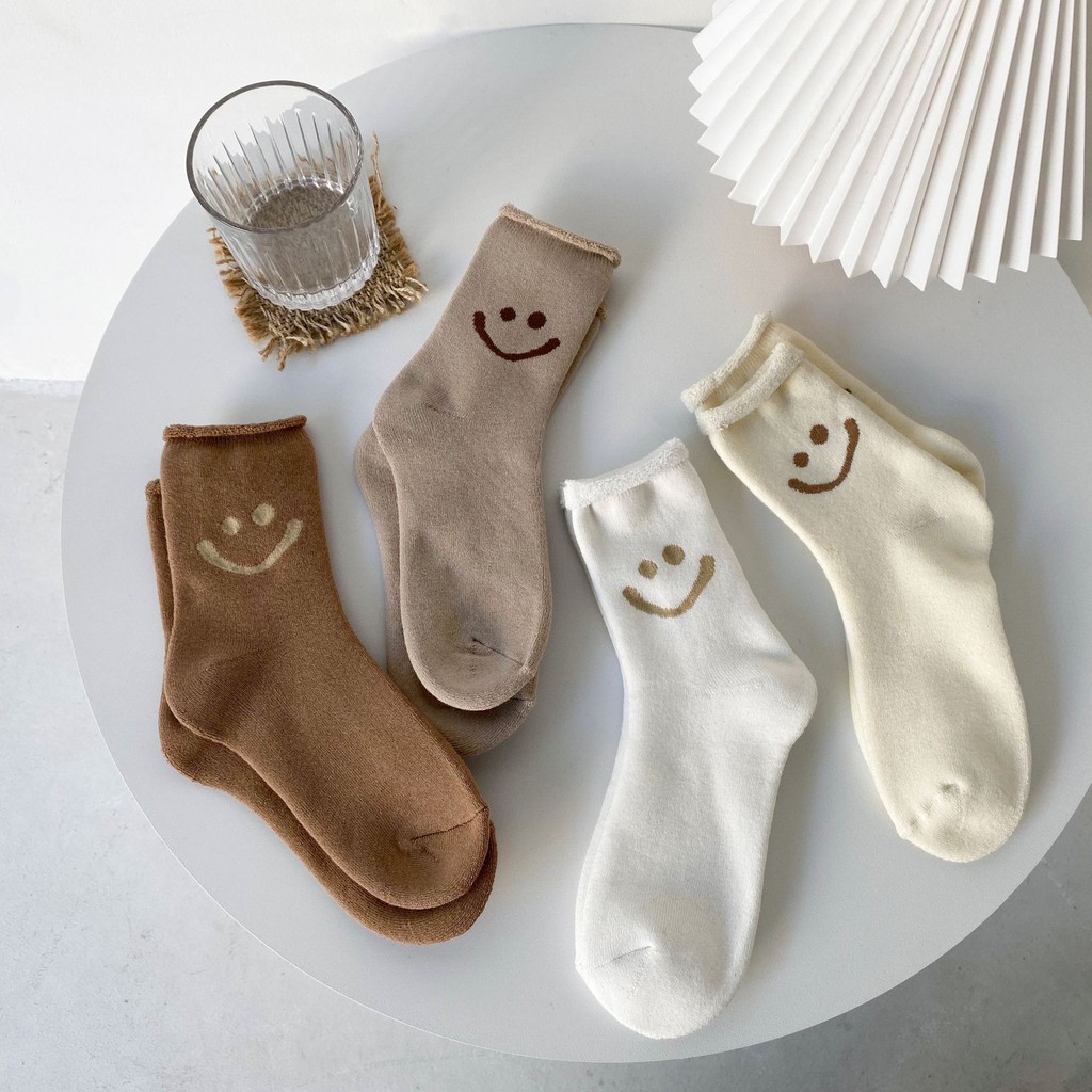 Tất, Vớ Cotton Cao Cổ Hình Mặt Cười Smiley Tone Be Nâu