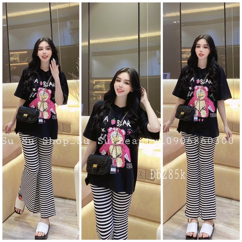 Set áo cotton gấu quần sọc ống loe - HN Closet