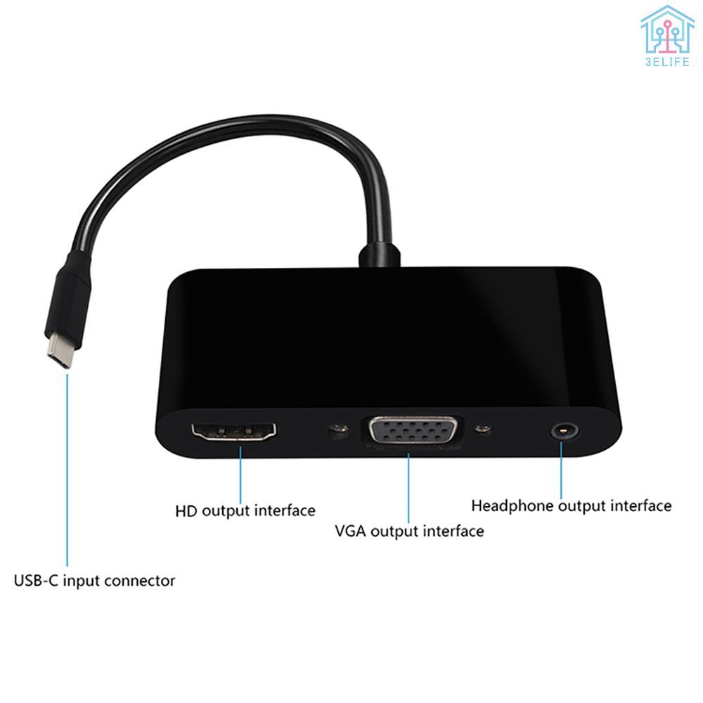 【E&V】USB-C Type-C to HD VGA 3.5mm Audio 3 in 1 Converter Adapter with USB 3.0 HUB