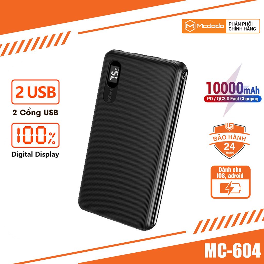 Sạc Dự Phòng 10000mAh Trang Bị LED Hiển Thị Dung Lượng Sạc 2 Thiết Bị Cùng Lúc MCDODO MC-604