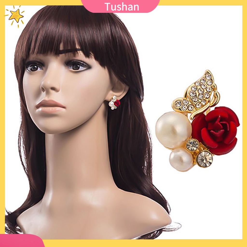 Bông tai hình hoa hồng đính ngọc trai giả thời trang