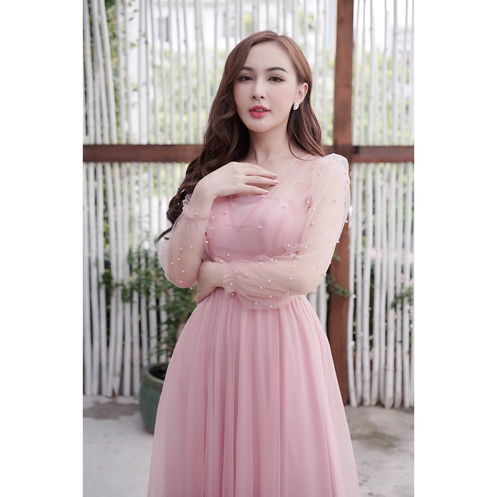 Đầm maxi dạ hội tay dài đính hạt sang trọng trắng, hồng - Hình thật Sp 100% | BigBuy360 - bigbuy360.vn