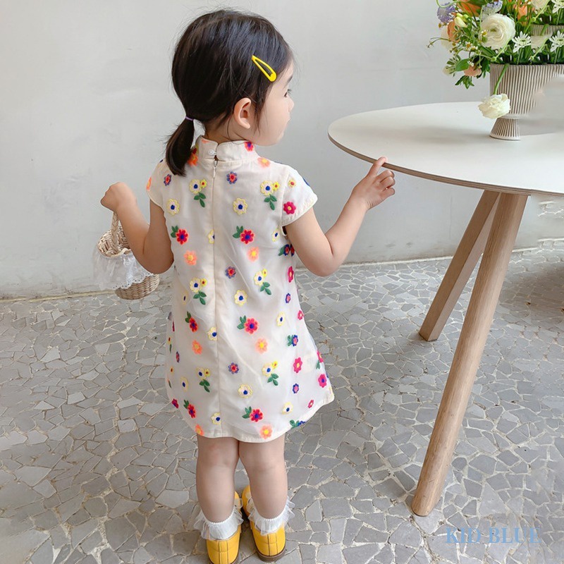Đầm Sườn Xám Phối Lưới Họa Tiết Hoa Nhiều Màu Sắc Thời Trang Mùa Hè Cho Bé Gái