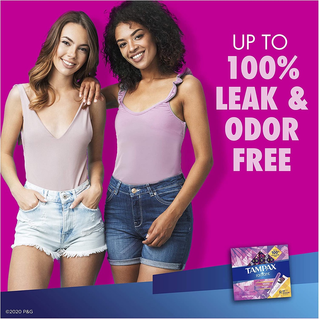Tampax radiant Tampon Regular 28 miếng cán nhựa cao cấp siêu thấm không mùi