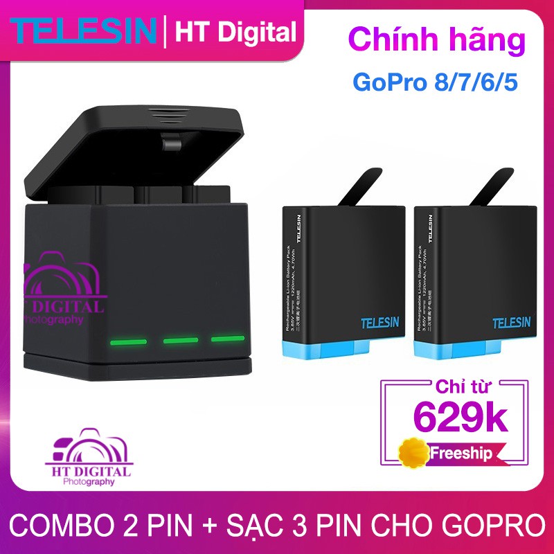 Combo sạc 3 + 2 pin Telesin cho Gopro Hero 5 Hero 6 Hero 7 Hero 8 Full chức năng (Hàng chính hãng)