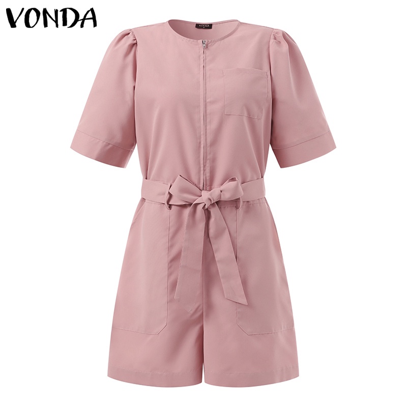 Áo liền quần Vonda tay ngắn màu trơn phối khóa kéo phong cách Hàn Quốc thời trang mùa hè cho nữ