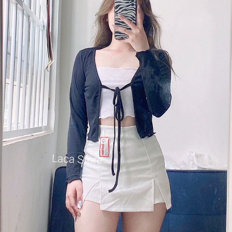 Áo Croptop tay Dài cột nơ Ulzzang Laca store B12-1 gân cotton, áo khoác crt cardigan tiểu thơ Hàn Quốc