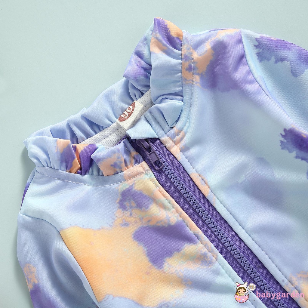 Bộ Đồ Bơi Liền Thân Tay Dài Cổ Tròn Màu Nhuộm Có Khóa Kéo Và Diềm Xếp Nếp Cho Bé Gái